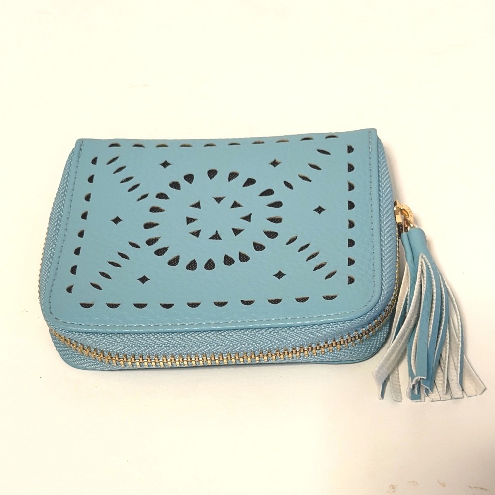 Cleobella Wallet Turquoise Blue Laser Cut Leather Tassel Zip Around Boho
